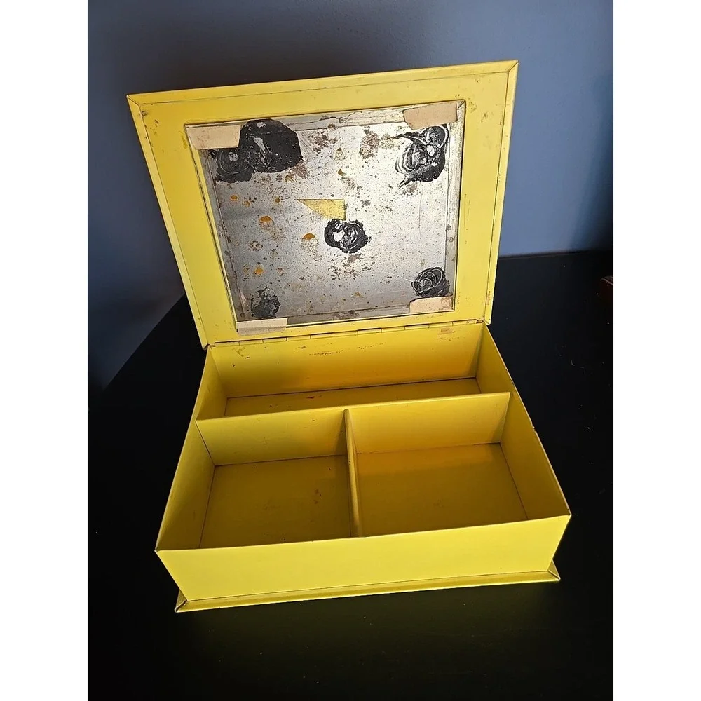 Vintage Yellow Metal Box w/ Flowers on Hinged Lid - Hankie Jewelry Make-up Box